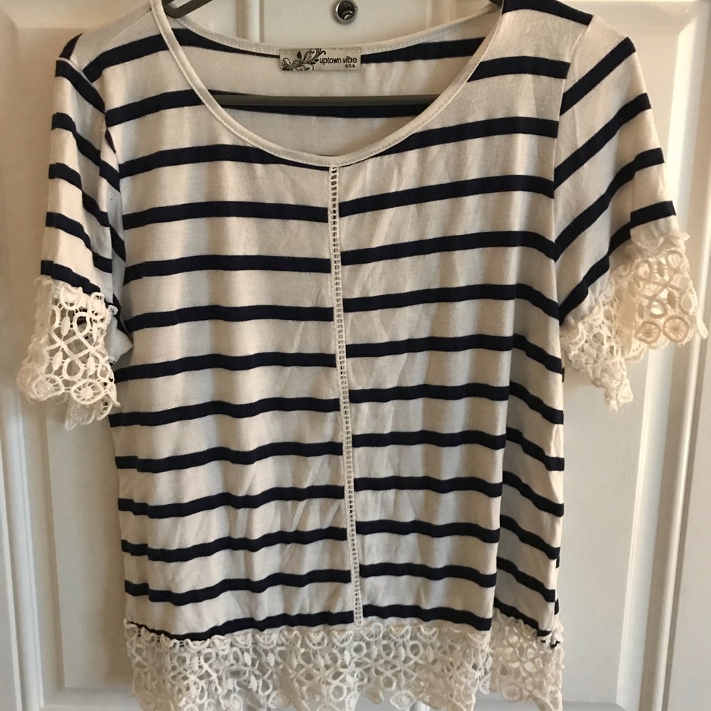 White and Navy Lacy Top